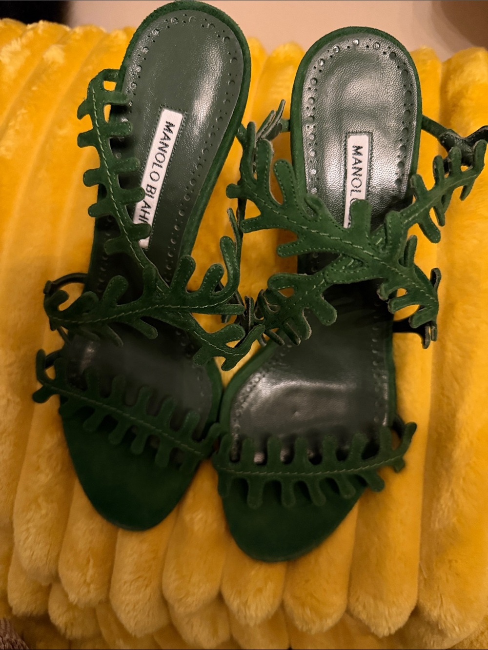 Manolo Blahnik Emerald Green Suede Leaf-Detail Heels